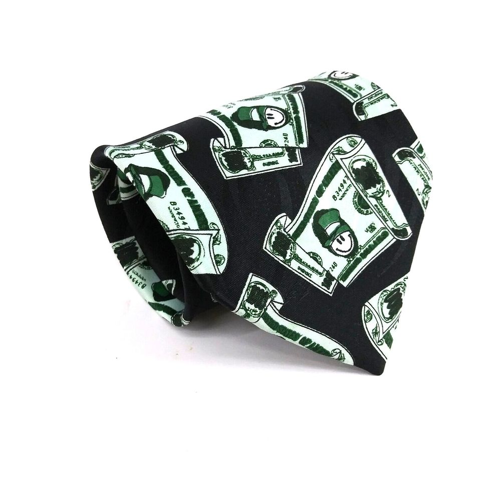 Addiction Mens Necktie 100% Polyester Black Green Money Tie - 57.25" x 3.75"
